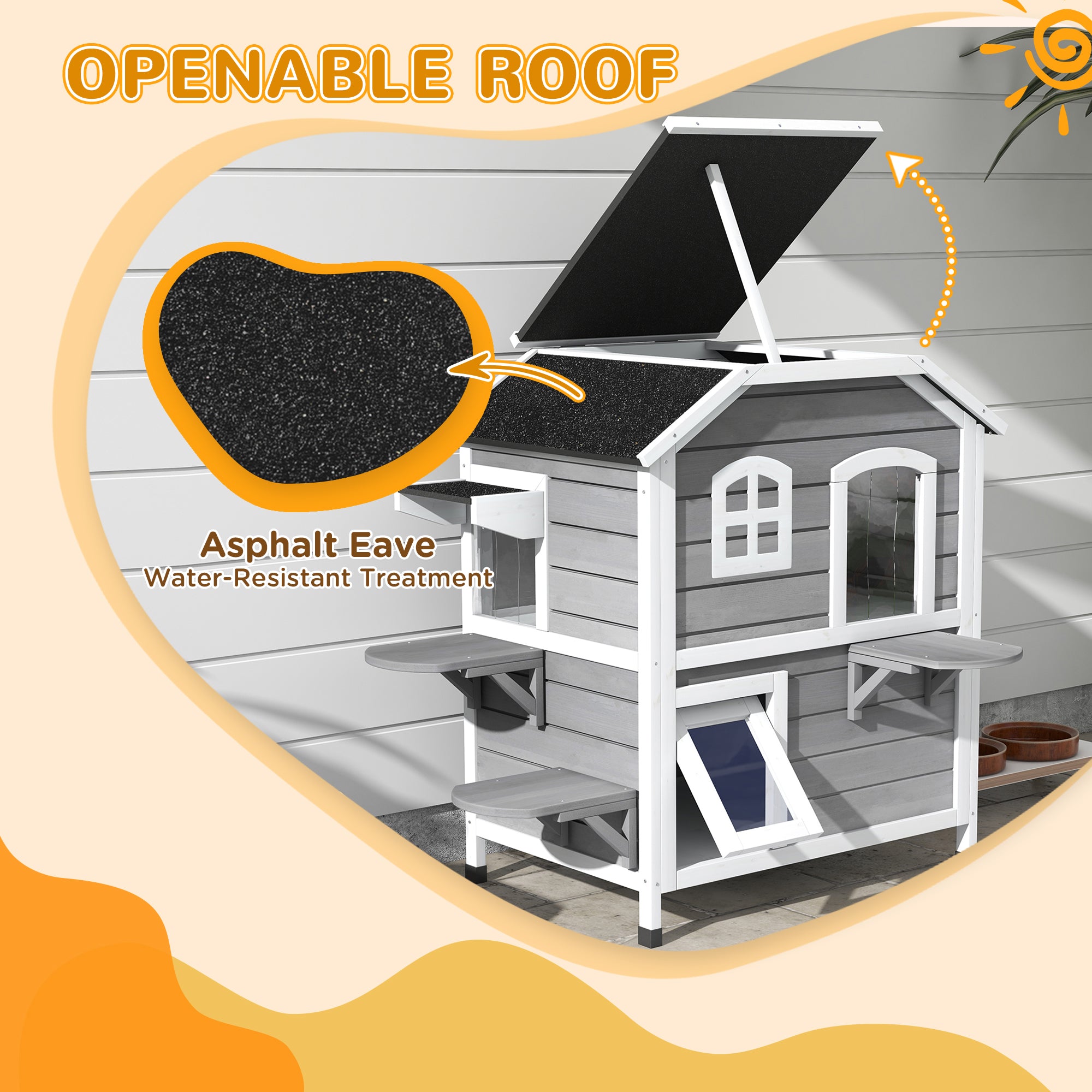  2-story Cat House Outdoor, Weatherproof Wooden Cat Enclosure for Feral Cats with Escape Door, Openable Roof, Jumping Platforms, Gray
