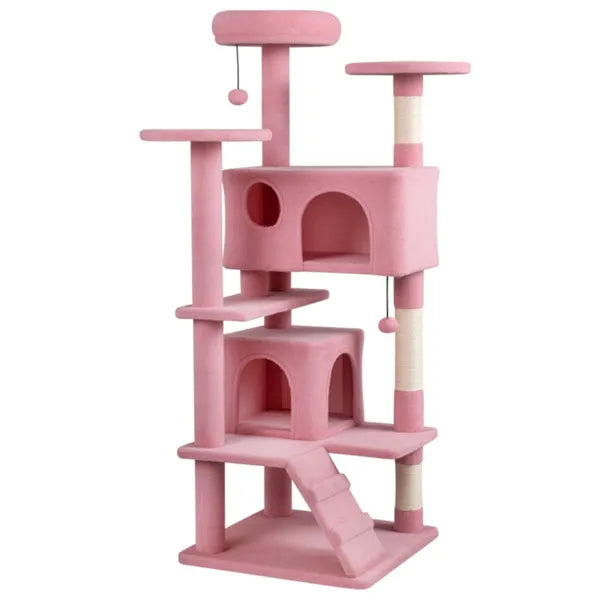 52" Tall Cat Tree Tower With Perches & Condos, Multi-Cat Playground With Scratching Posts (Pink)