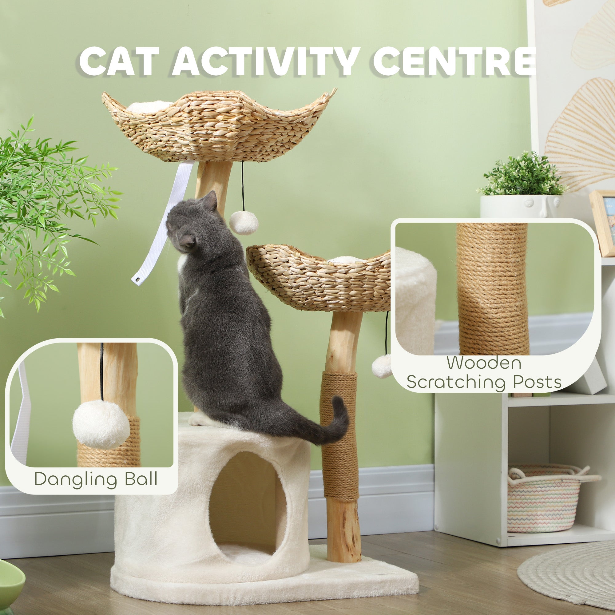 37 Inch Modern Cat Tree W/ Wooden Scratching Posts, Condo, Beds, Cushions, Toy Balls & Anti-Tip Kit
