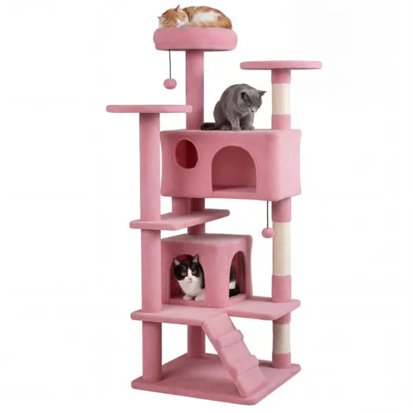 52" Tall Cat Tree Tower With Perches & Condos, Multi-Cat Playground With Scratching Posts (Pink)