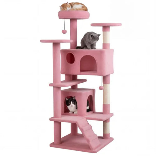 52" Tall Cat Tree Tower With Perches & Condos, Multi-Cat Playground With Scratching Posts (Pink)