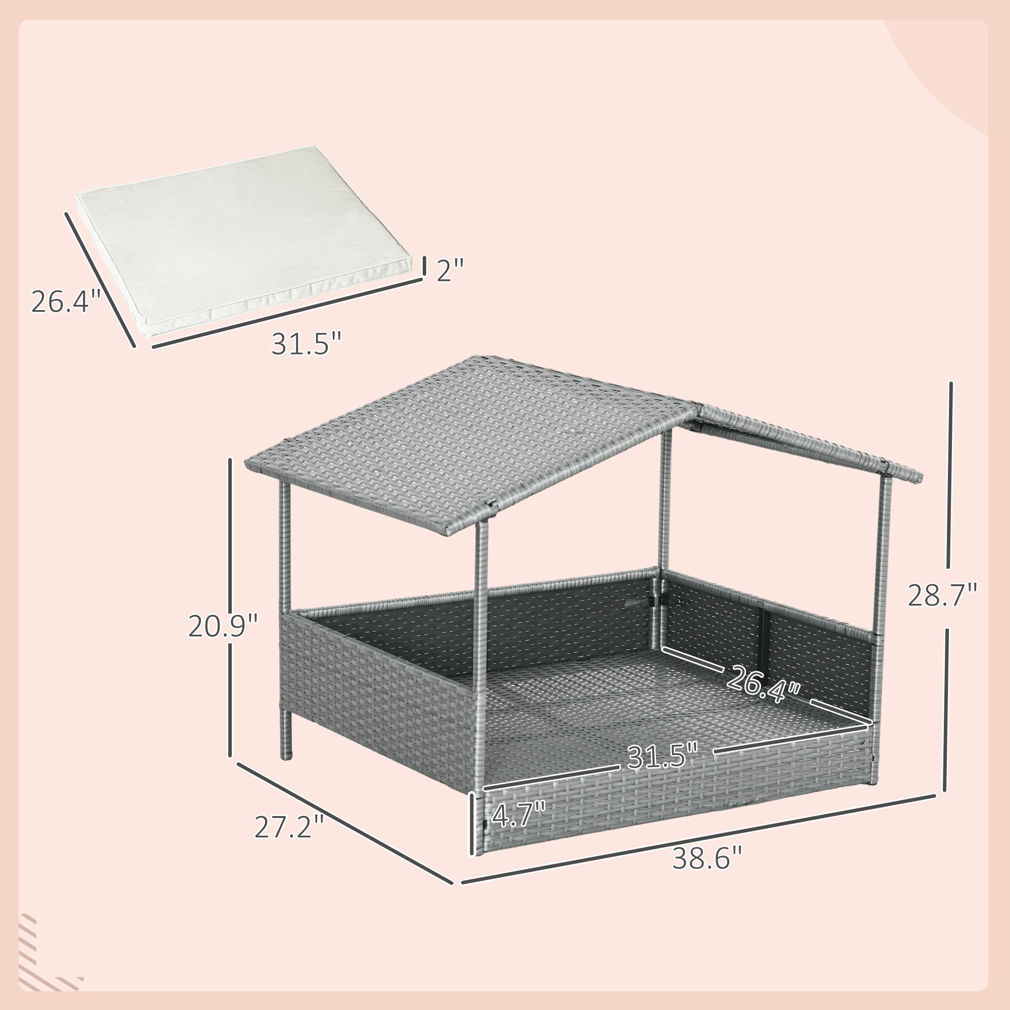 Wicker Dog House Outdoor with Canopy, Rattan Dog Bed with Water-resistant Cushion, Raised Pet Bed for Small, Medium Breeds up to 66 lbs, 20" in Length, Silver Wicker, White Cushion