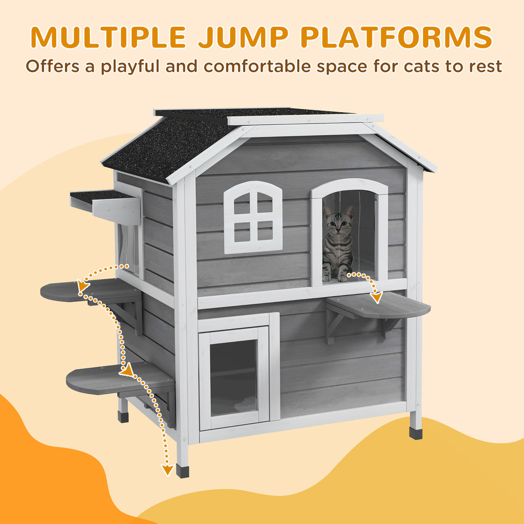  2-story Cat House Outdoor, Weatherproof Wooden Cat Enclosure for Feral Cats with Escape Door, Openable Roof, Jumping Platforms, Gray