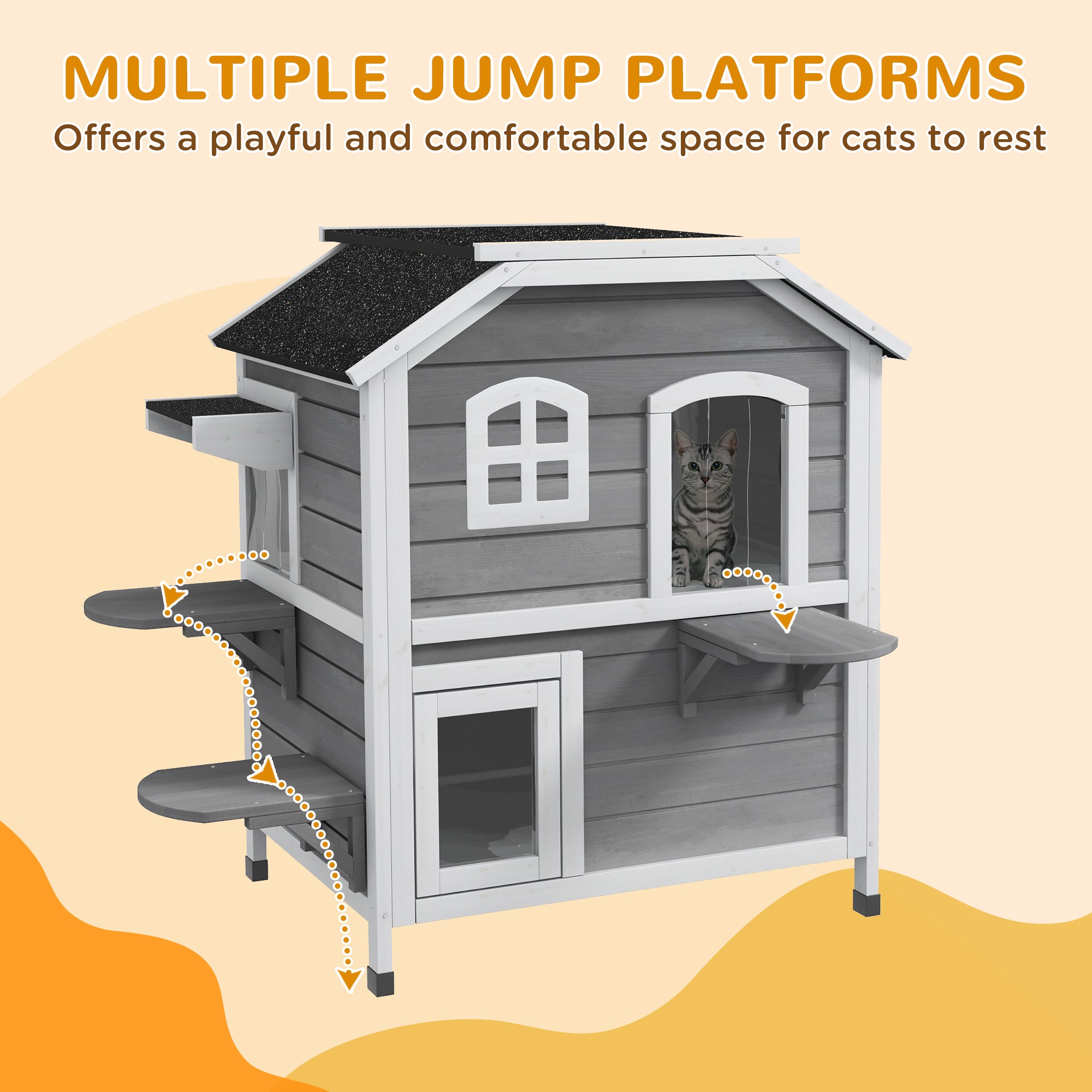  2-story Cat House Outdoor, Weatherproof Wooden Cat Enclosure for Feral Cats with Escape Door, Openable Roof, Jumping Platforms, Gray