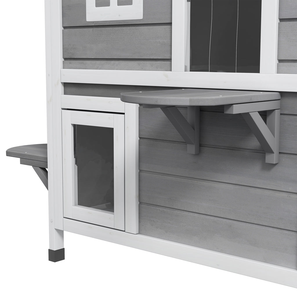  2-story Cat House Outdoor, Weatherproof Wooden Cat Enclosure for Feral Cats with Escape Door, Openable Roof, Jumping Platforms, Gray