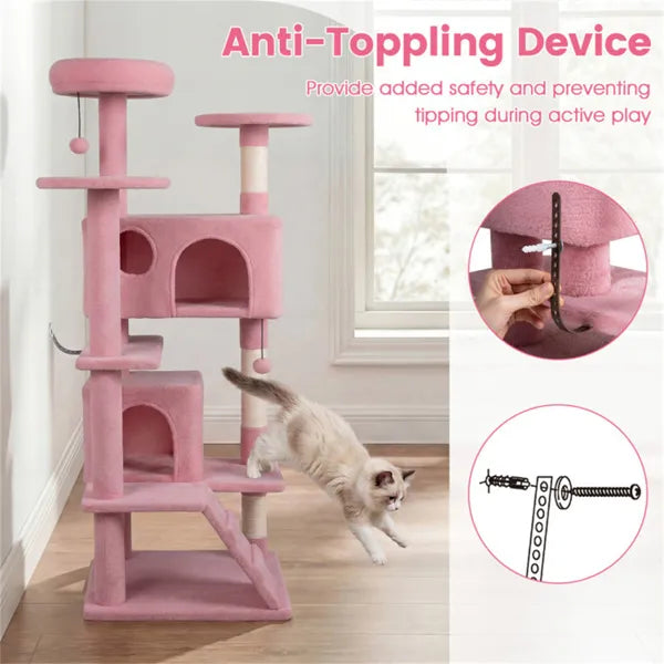 52" Tall Cat Tree Tower With Perches & Condos, Multi-Cat Playground With Scratching Posts (Pink)