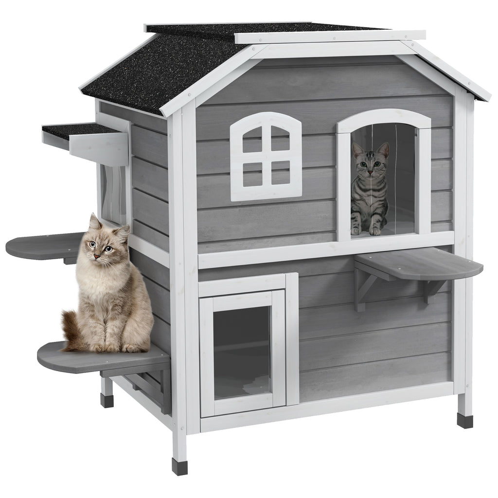  2-story Cat House Outdoor, Weatherproof Wooden Cat Enclosure for Feral Cats with Escape Door, Openable Roof, Jumping Platforms, Gray