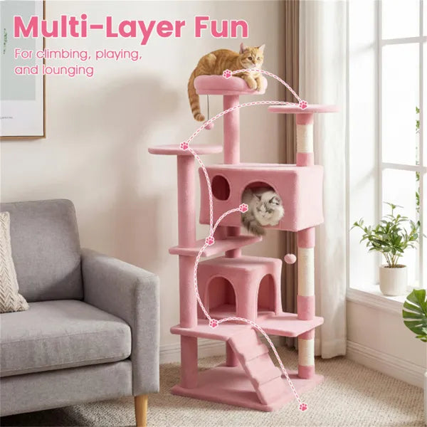 52" Tall Cat Tree Tower With Perches & Condos, Multi-Cat Playground With Scratching Posts (Pink)