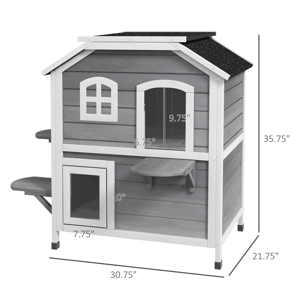  2-story Cat House Outdoor, Weatherproof Wooden Cat Enclosure for Feral Cats with Escape Door, Openable Roof, Jumping Platforms, Gray