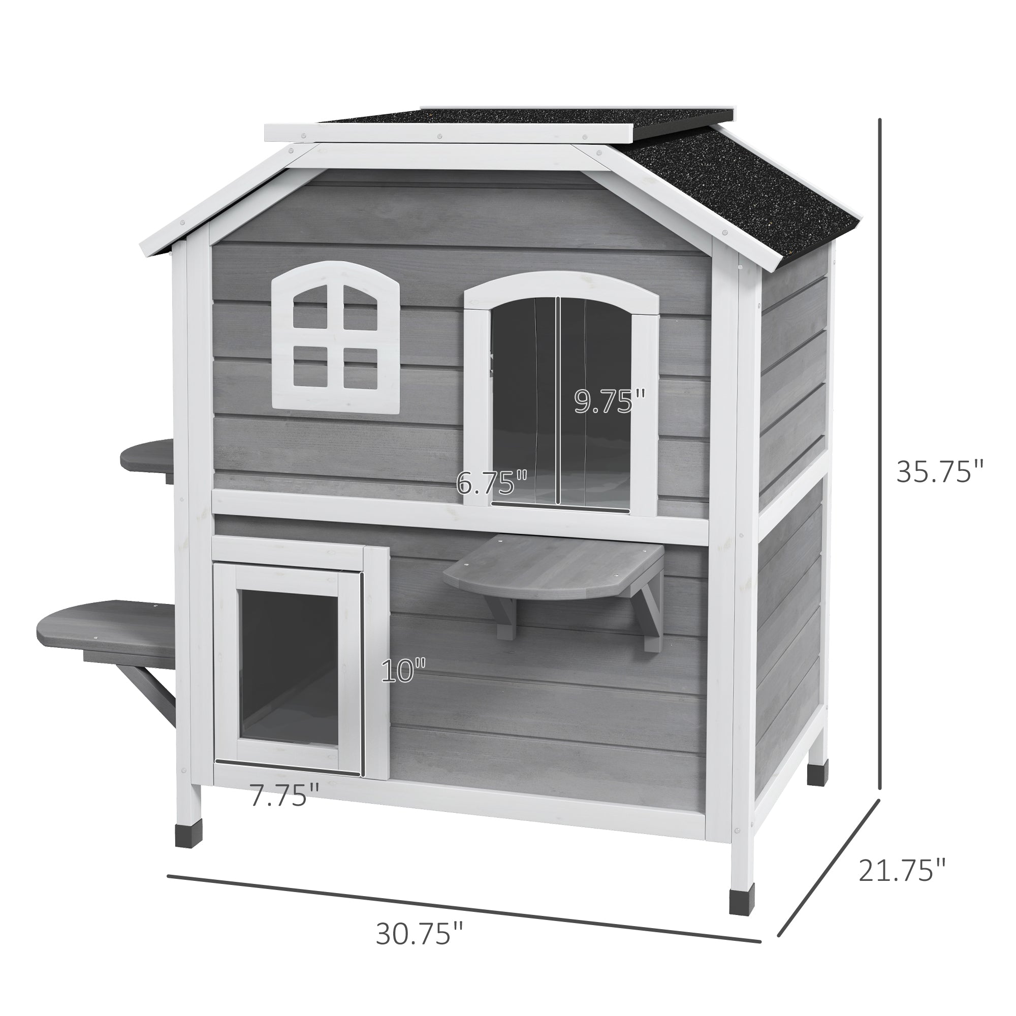  2-story Cat House Outdoor, Weatherproof Wooden Cat Enclosure for Feral Cats with Escape Door, Openable Roof, Jumping Platforms, Gray
