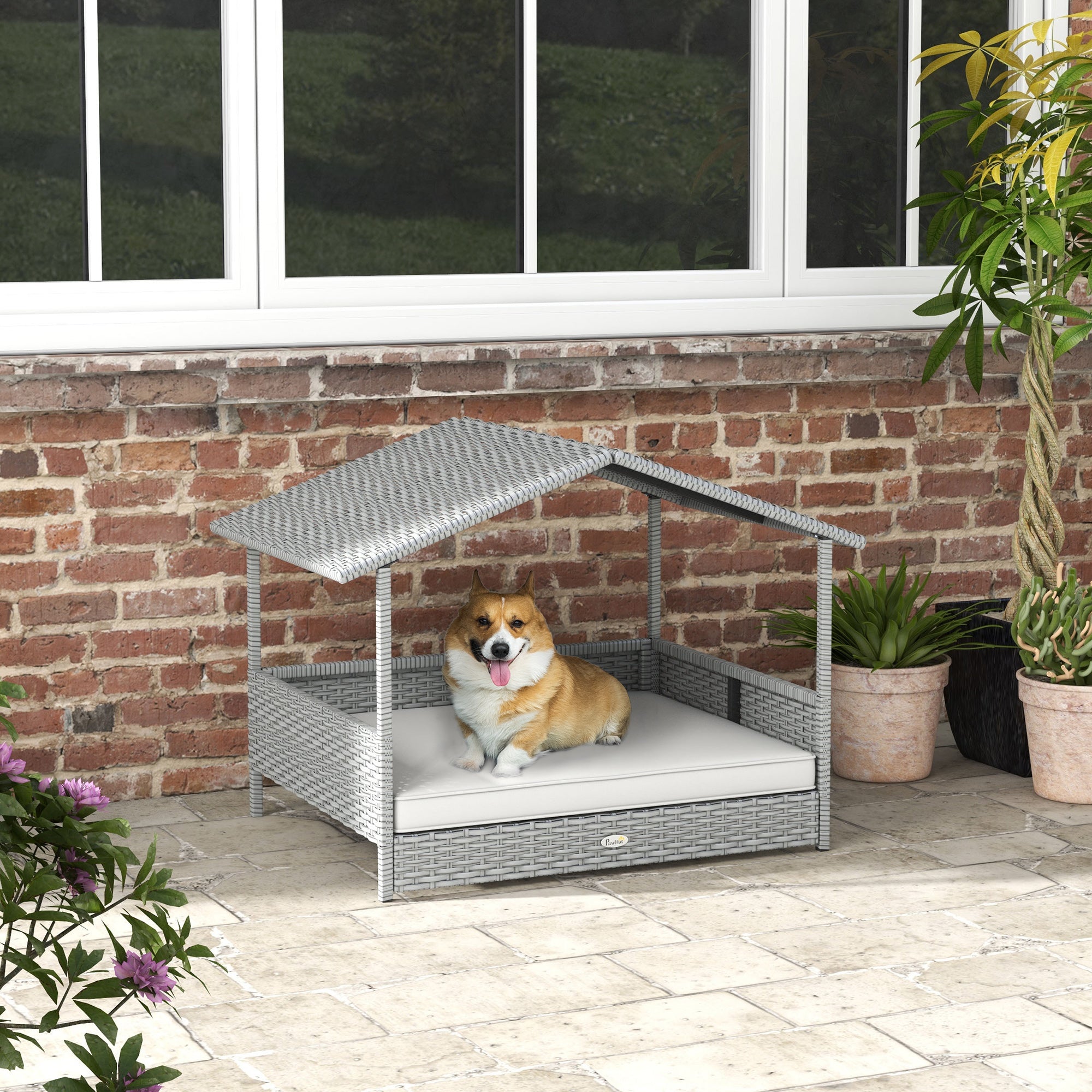 Wicker Dog House Outdoor with Canopy, Rattan Dog Bed with Water-resistant Cushion, Raised Pet Bed for Small, Medium Breeds up to 66 lbs, 20" in Length, Silver Wicker, White Cushion